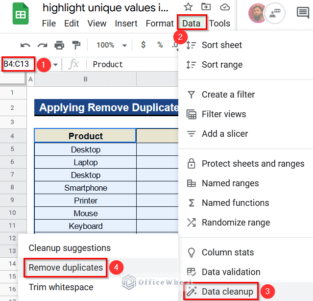 Applying Remove Duplicates Command to Highlight Unique Values in Google Sheets
