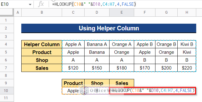 Using Helper Column to Use the HLOOKUP Function for Multiple Criteria in Google Sheets