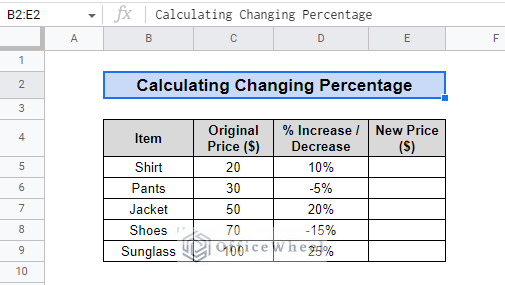 data for calculating change in percentage