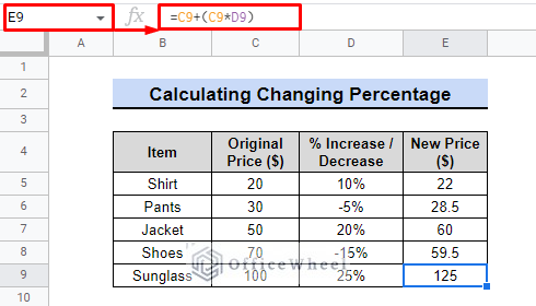final output of calculating percentage change in google sheets