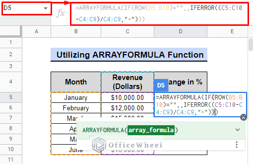 utilizing arrayformula to calculate change in percentage in google sheets