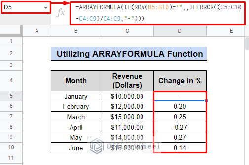 outpu from using arrayformula in google sheets
