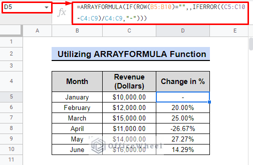 final output of arrayu formula function to calculate percentage change in google sheets
