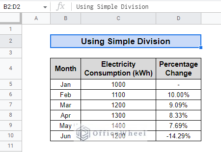 output of using simple division in google sheets