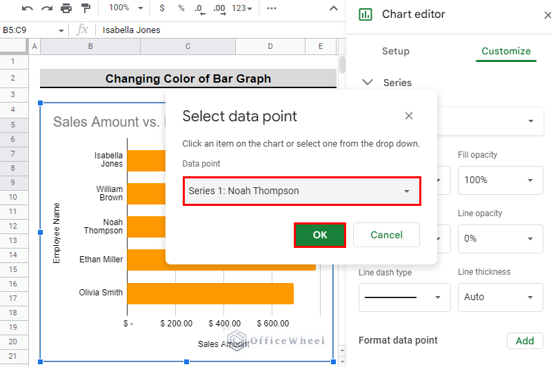 select the data point to change color of individual bar in google sheets
