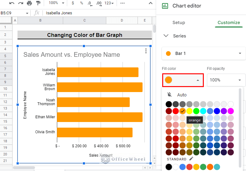 select the fill color to change color of the bar graph in google sheets
