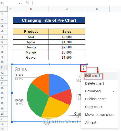 Open Chart Editor to Change Title of Pie Chart on Google Sheets