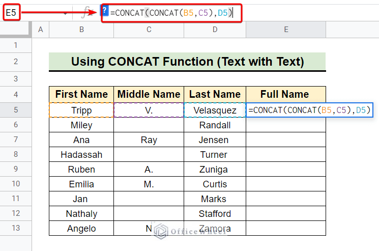 using concat function to concatenate in google sheets
