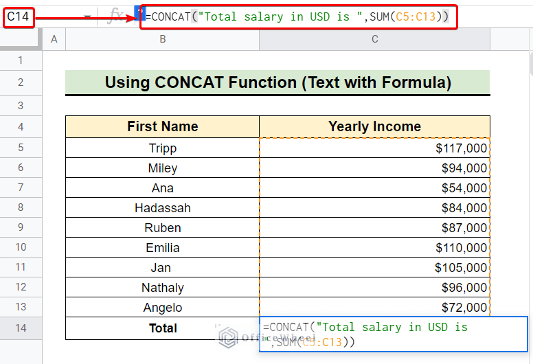 text and formula concatenation in google sheets