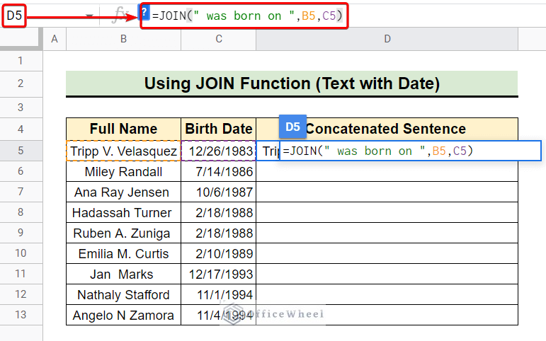 join function to concatenate text and date