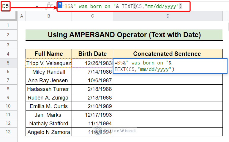 text and date concatenation using ampersand operator