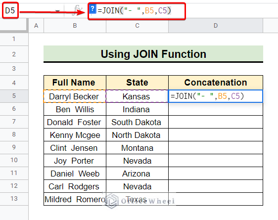 join function in google sheets to concatenate strings 