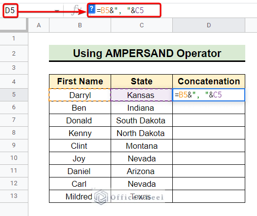 ampersand operator in google sheets to concatenate strings with separator