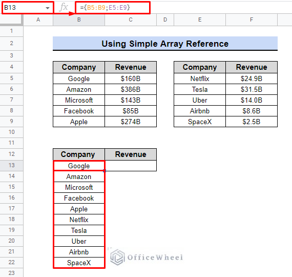result from using simple array reference in google sheets