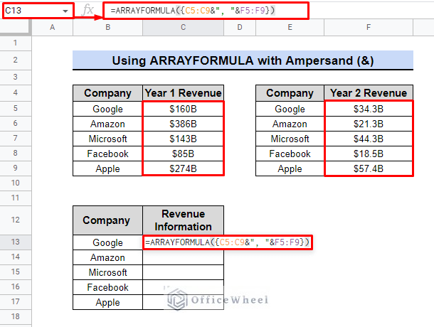 how to use arrayformula and ampersand together to concatenate two columns in google sheets
