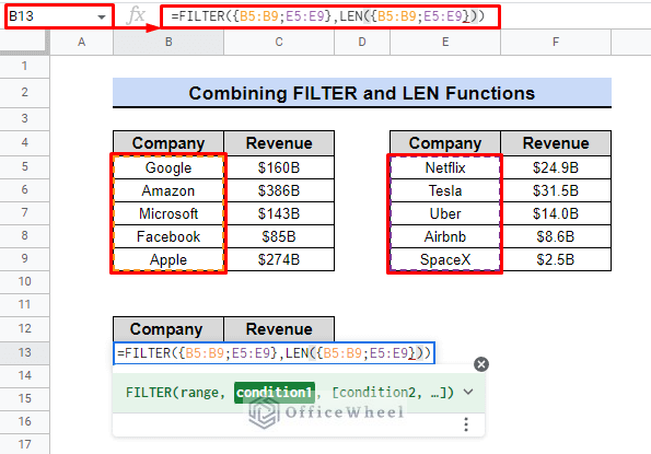 how to use len and filter function together to concatenate two columns in google sheets