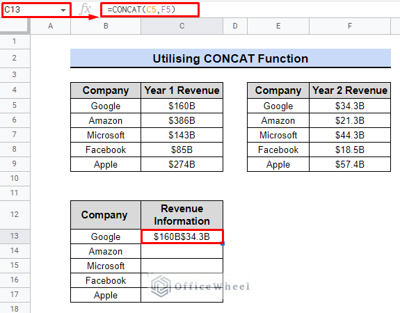 result from using concat function to show how to concatenate two columns in google sheets
