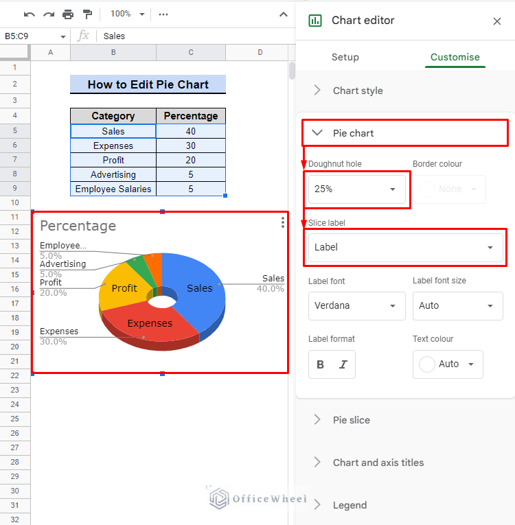 pie chart customisation in google sheets