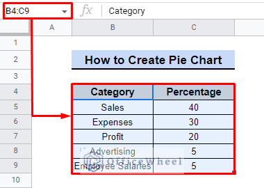 data range selection for pie chart