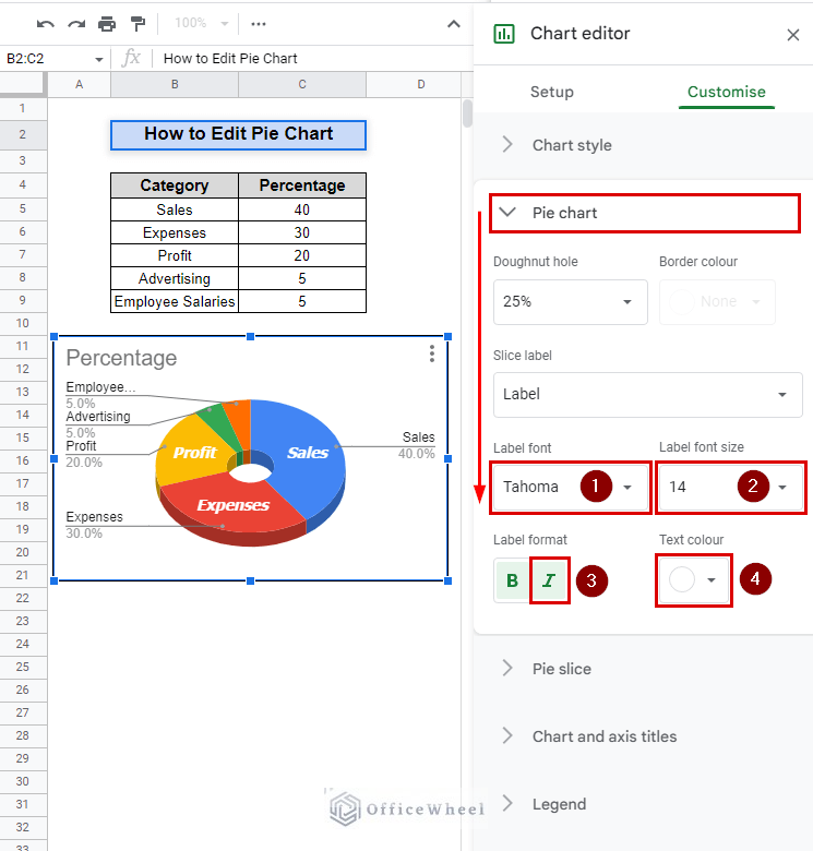 how to change pie chart label in google sheets