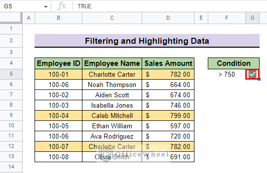 final result after using Checkboxes to Filter in Google Sheets