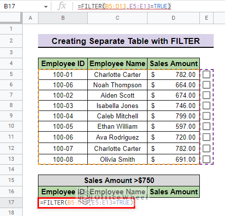 insert formula to filter checkboxes in google sheets