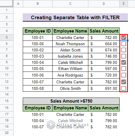 final result after creating separate table to filter with checkboxes