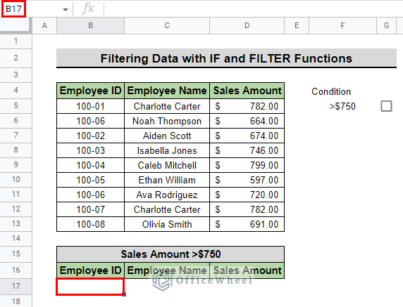 select cell to insert formula to filter with if and filter functions