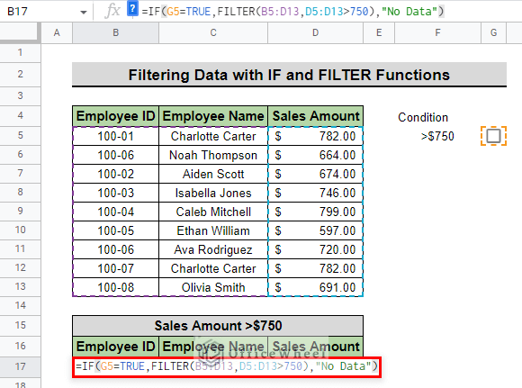 insert formula to filter with if and filter functions with checkboxes