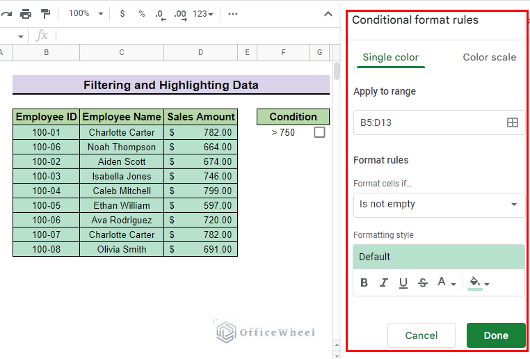 conditional formatting side panel to Filter Checkboxes in Google Sheets