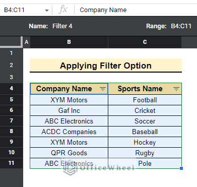 Applying filter to complete the process of how to filter unique values in google sheets