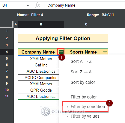 Apply filter by condition 
