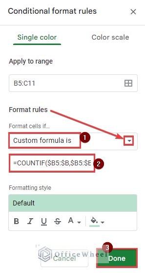 Editing format rules tab 