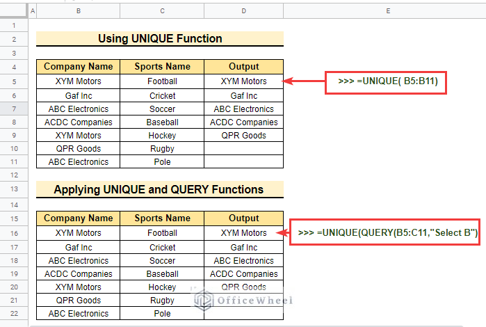 The outline of how to filter unique values in google sheets
