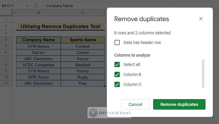 Editing remove duplicates window 