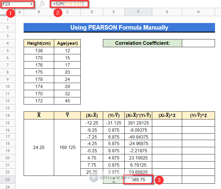 Using SUM function while operating pearson method manually in google sheets