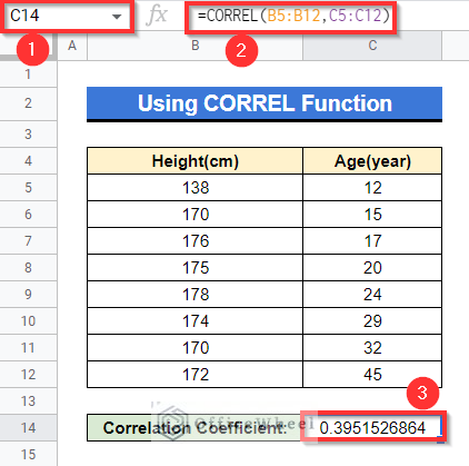 Using Cell References while CORREL to find correlation coefficient in Google Sheets