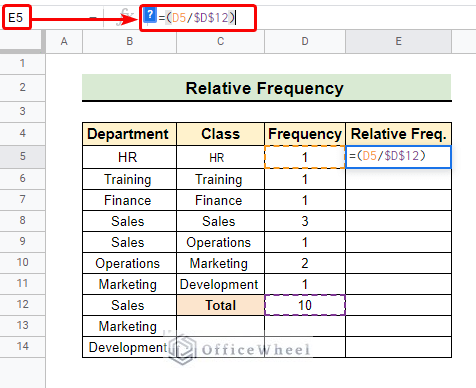 Finding relative frequency for the first row