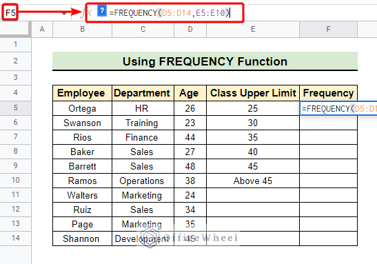 Use of FREQUENCY function to find frequency in Google Sheets