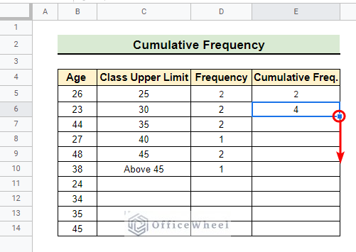 Calculating cumulative frequency for the subsequent rows