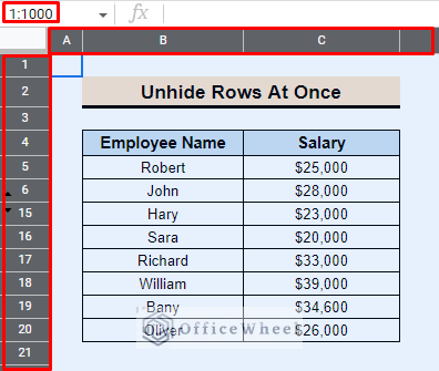 select all rows and columns in google sheets