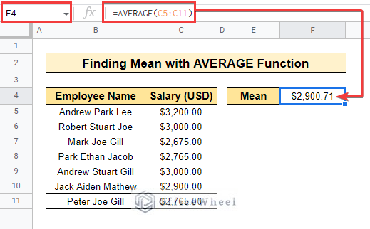 Finding mean with average function to find the mean in google sheet