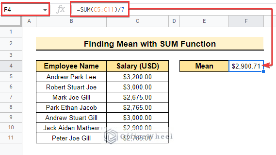 Applying SUM function to get the average of executing the method to find Mean median and mode in Google sheets