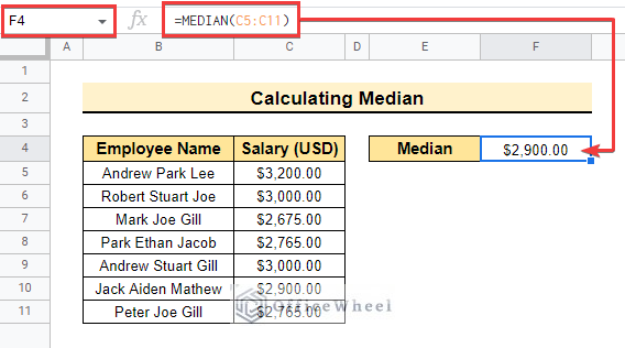 Calculating MEDIAN function for executing the method to find mean median and mode in google sheets