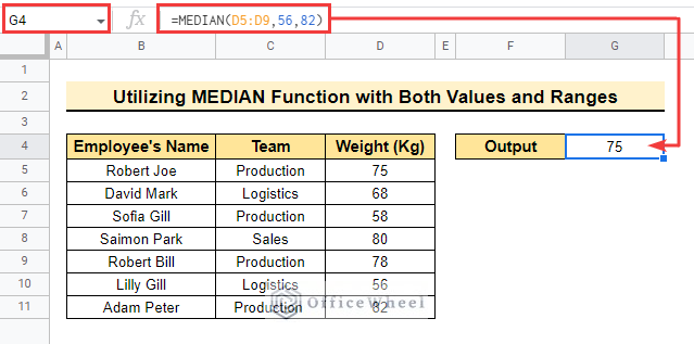 The output of how to find median in google sheets using both value and ranges 