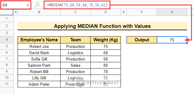 The output of how to find median in google sheets using values 