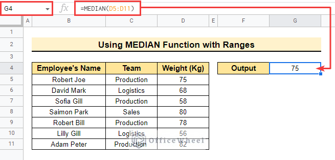 The output of how to find median in google sheets using ranges 