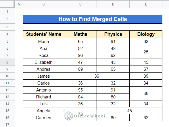 how to find merged cells in google sheets