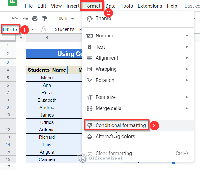 Applying Conditional Formatting Option to find merged cells in google sheets