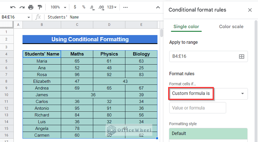 Applying Conditional Formatting Option to mark out merged cells in google sheets